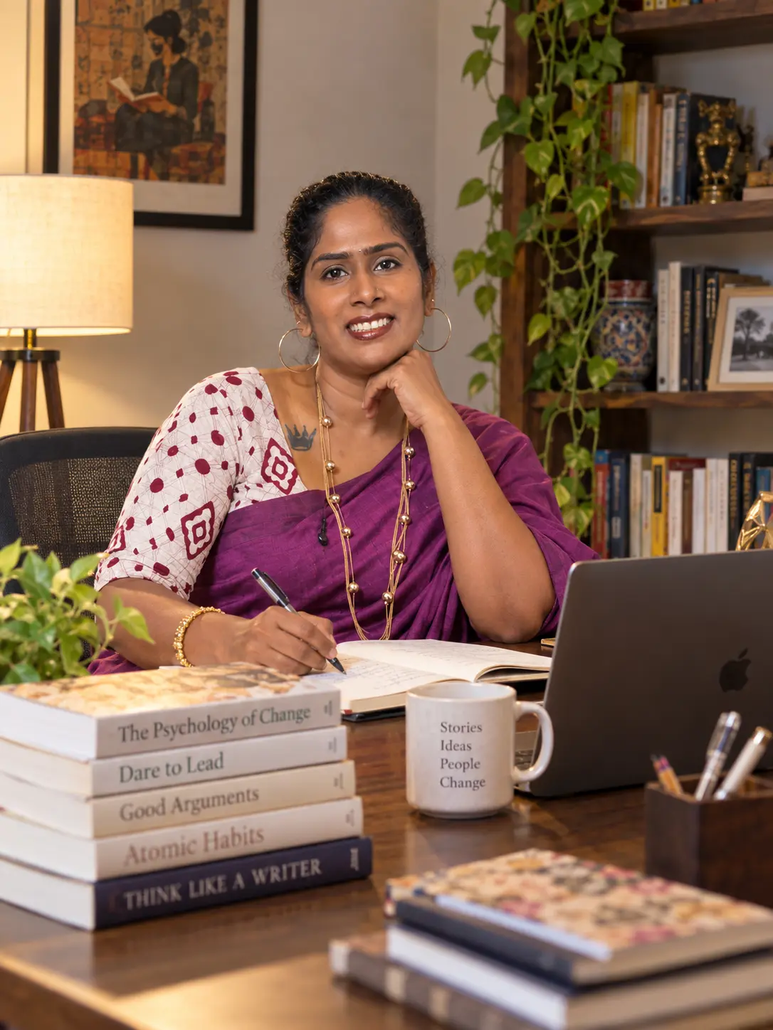 Dr. Indhu Nagaiah in a purple saree, smiling at her desk with a journal and books