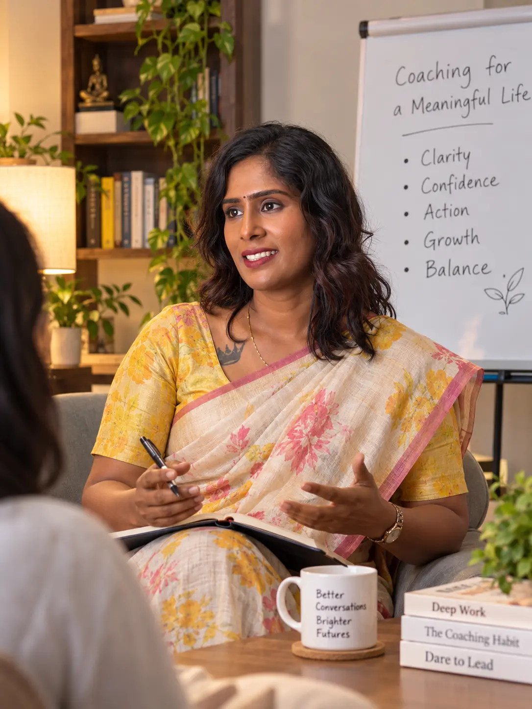Dr. Indhu Nagaiah in a floral saree, listening and speaking thoughtfully in a coaching session