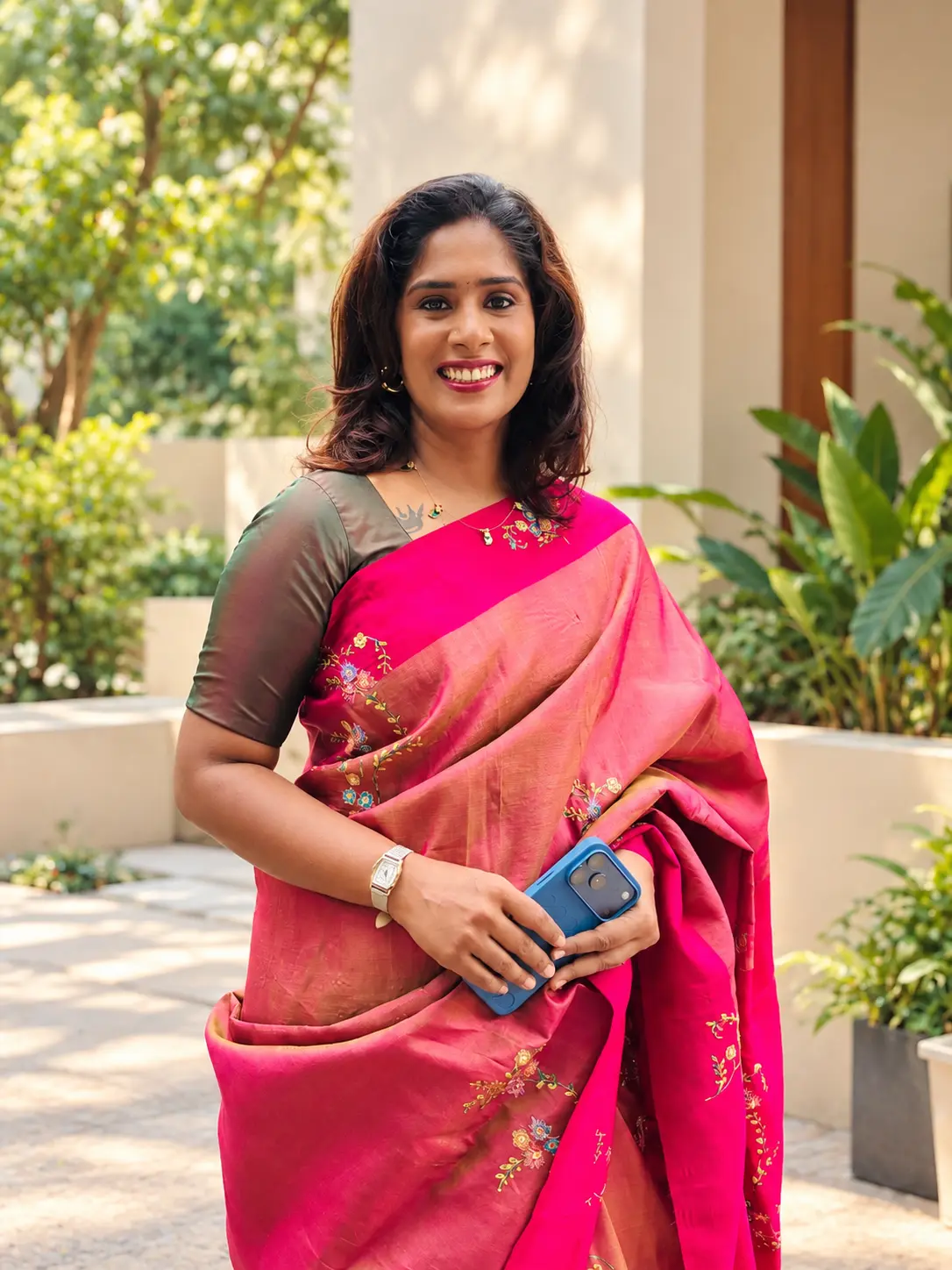 Dr. Indhu Nagaiah in a pink silk saree, smiling, in a sunlit garden courtyard